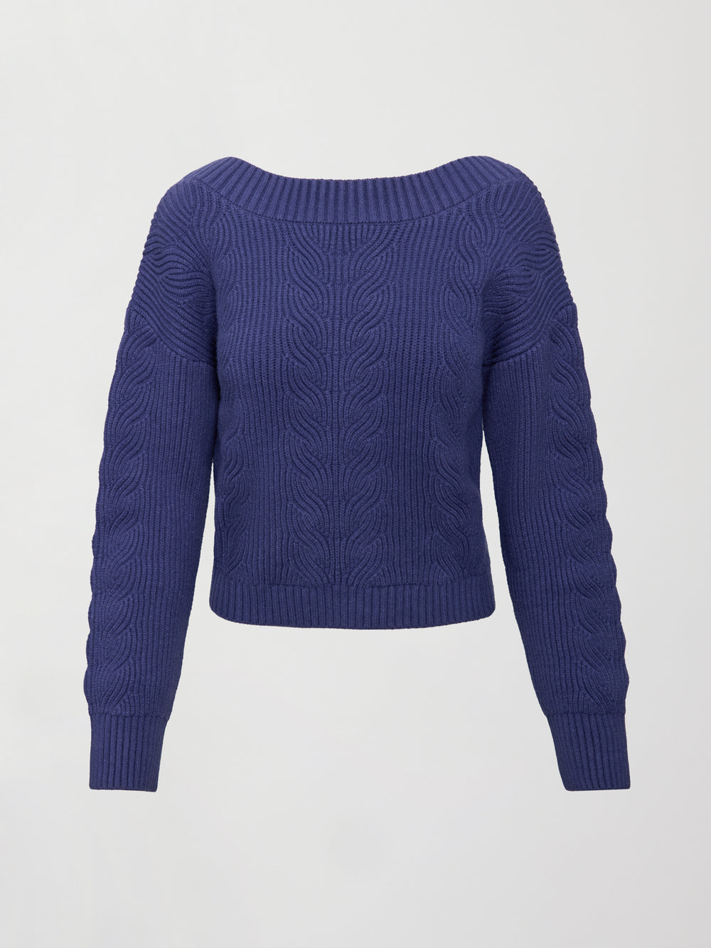 Model wearing blue sweater with a twist in the back.