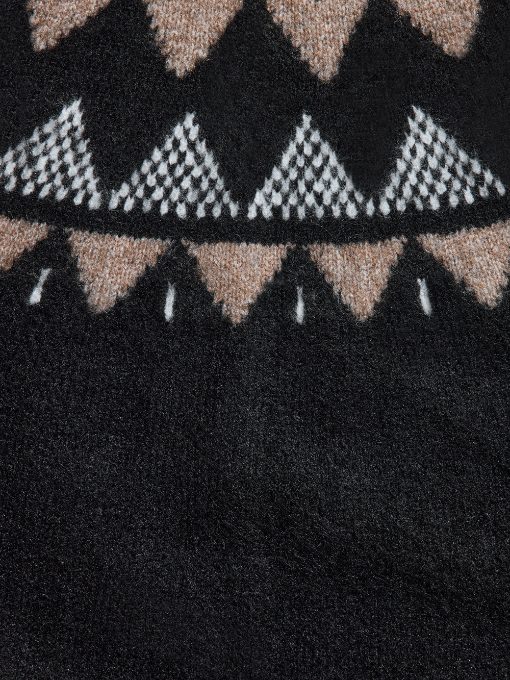 Fabric detail of Fairisle Bell Sleeve Sweater Cardigan in black with taupe and cream knit geometric pattern.
