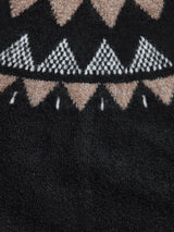 Fabric detail of Fairisle Bell Sleeve Sweater Cardigan in black with taupe and cream knit geometric pattern.