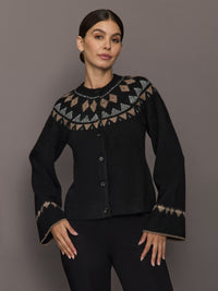 Fairisle Bell Sleeve Sweater Cardigan - Black/Taupe/Cream