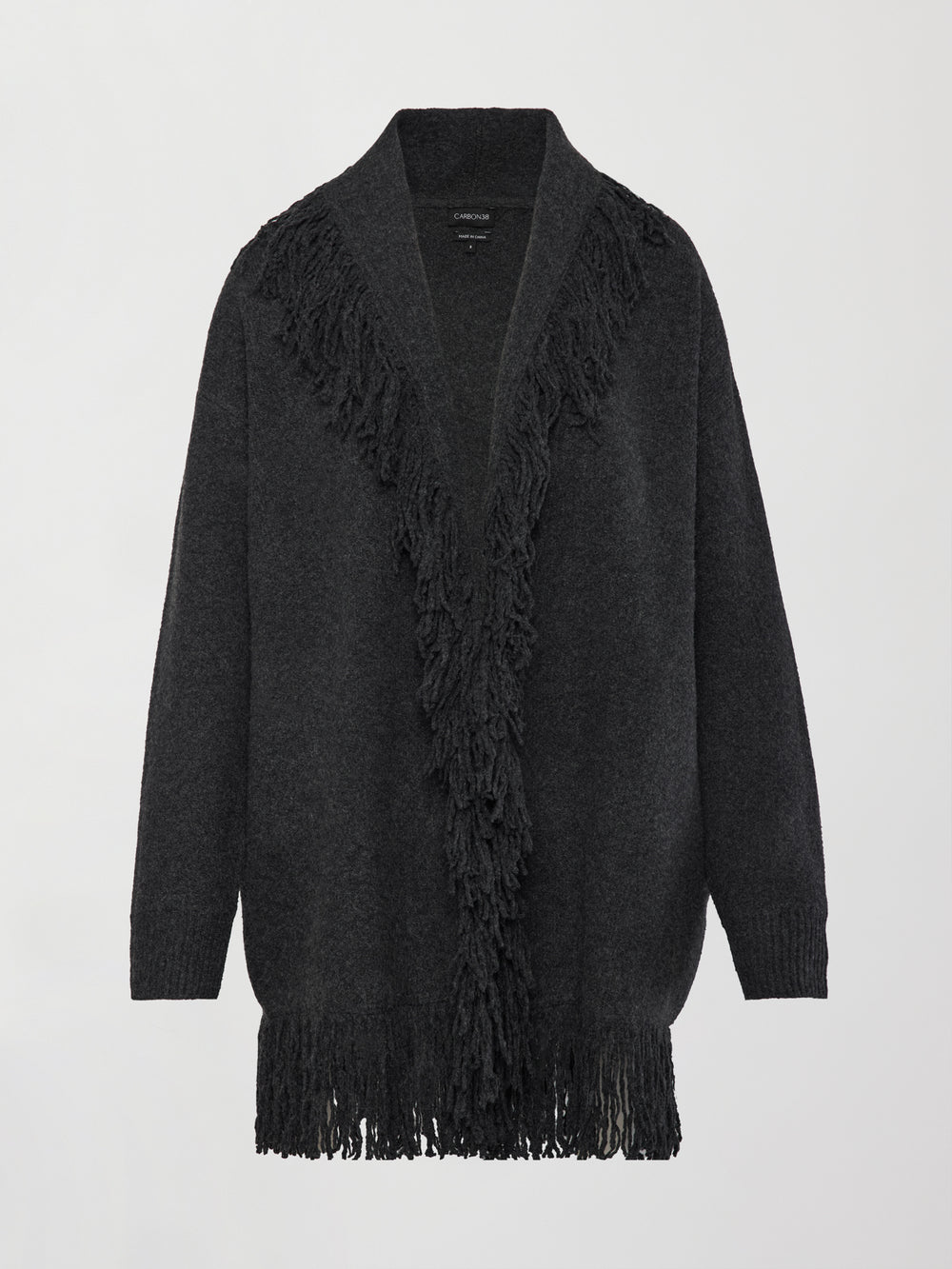 Flat lay of Tassel Shawl Collar Sweater in charcoal with fringe tassel trim and open shawl collar, front view.