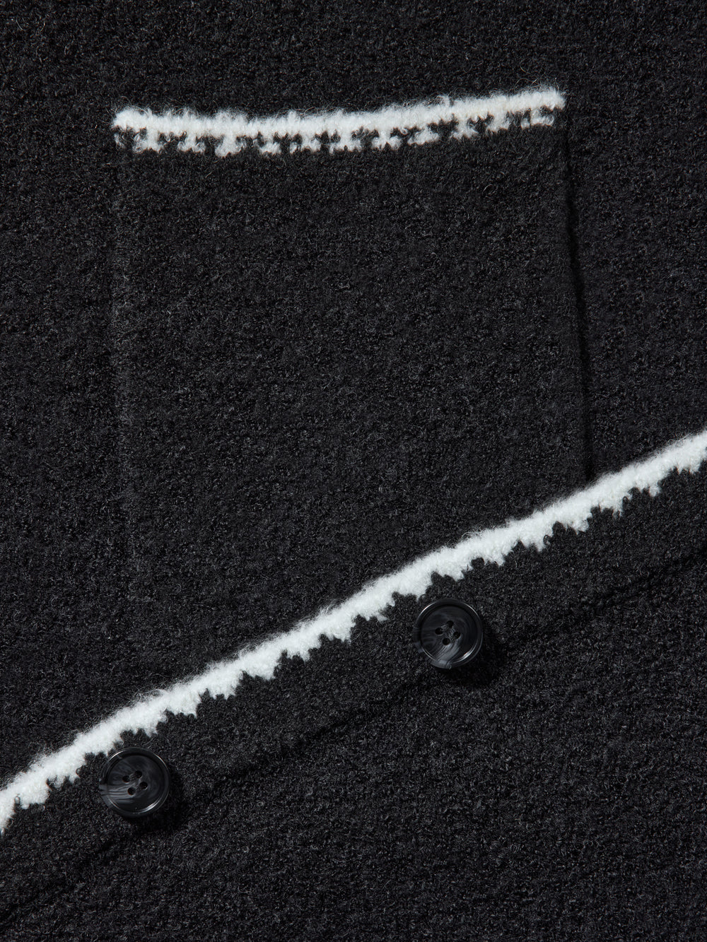 Detail shot of black knit sweater fabric with cream whipstitch trim and button closure.