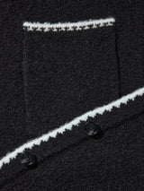 Detail shot of black knit sweater fabric with cream whipstitch trim and button closure.
