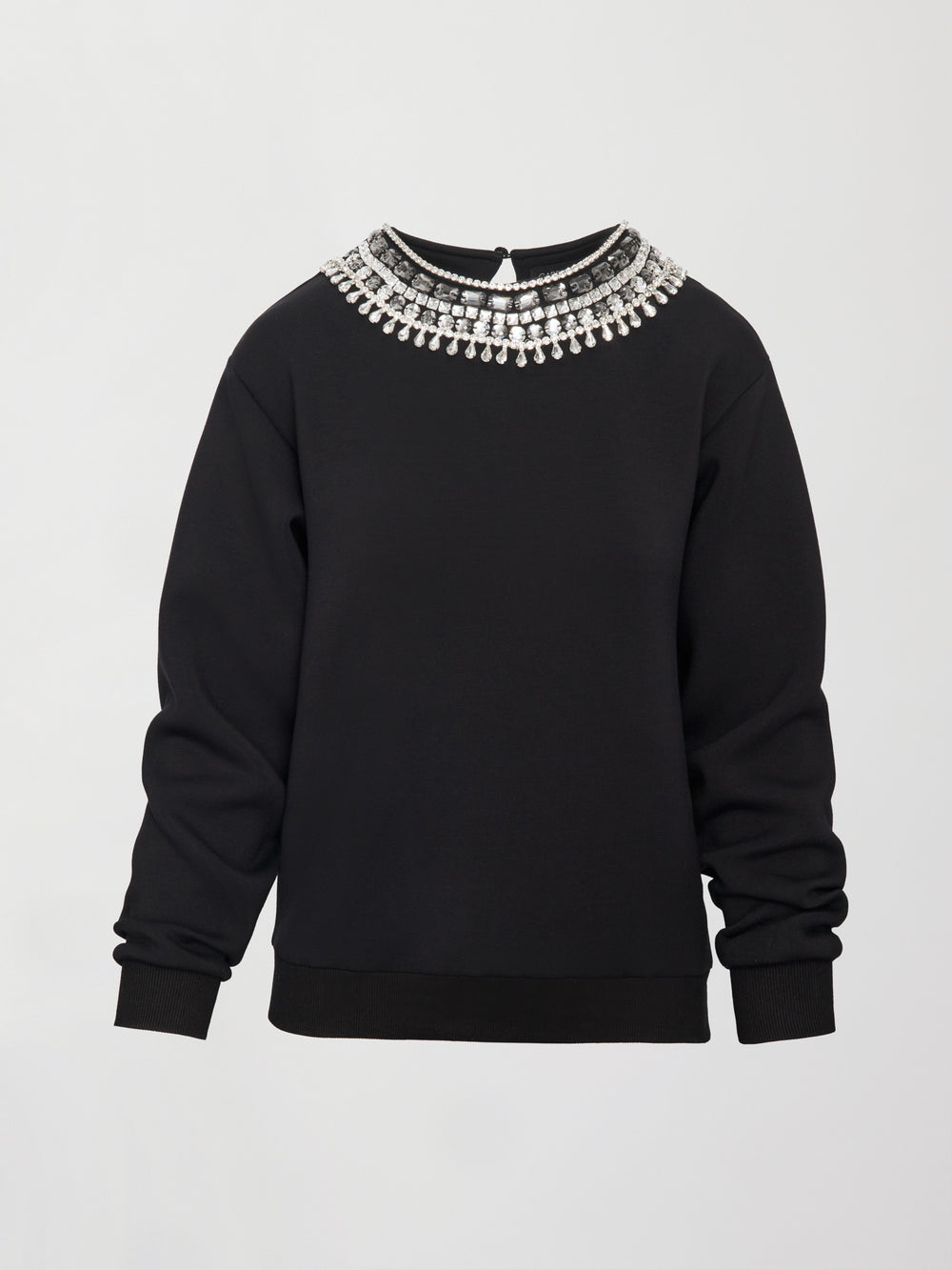 Flat lay of black jewel embellished sweatshirt with crystal neckline detail on white background.