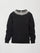 Flat lay of black jewel embellished sweatshirt with crystal neckline detail on white background.