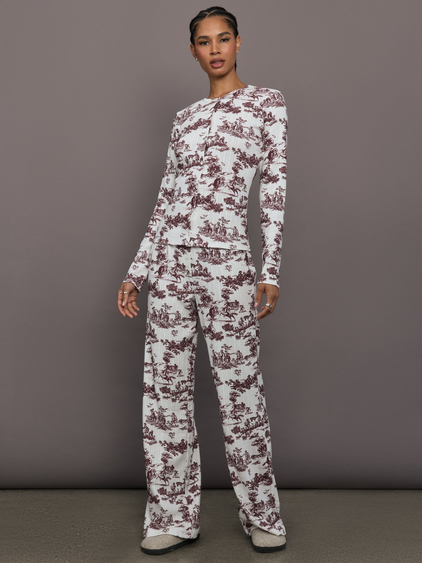 Model is wearing the cotton toile sleep set in fig toile, front full body view.
