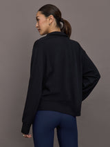Model is wearing French Terry Johnny Collar Sweatshirt in Black, back view.