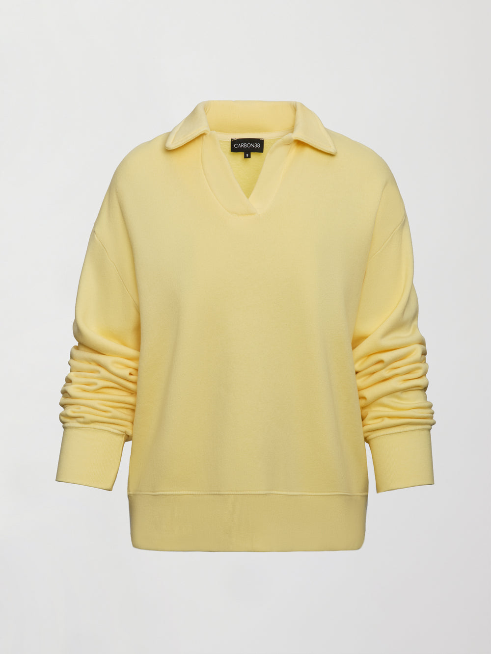 Flat lay of French Terry Johnny Collar Sweatshirt in Banana, front view.
