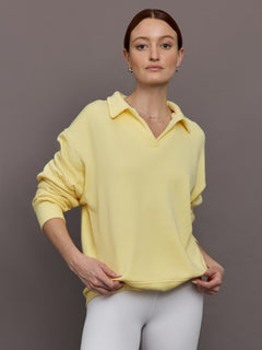 Model is wearing French Terry Johnny Collar Sweatshirt in Banana, front view.