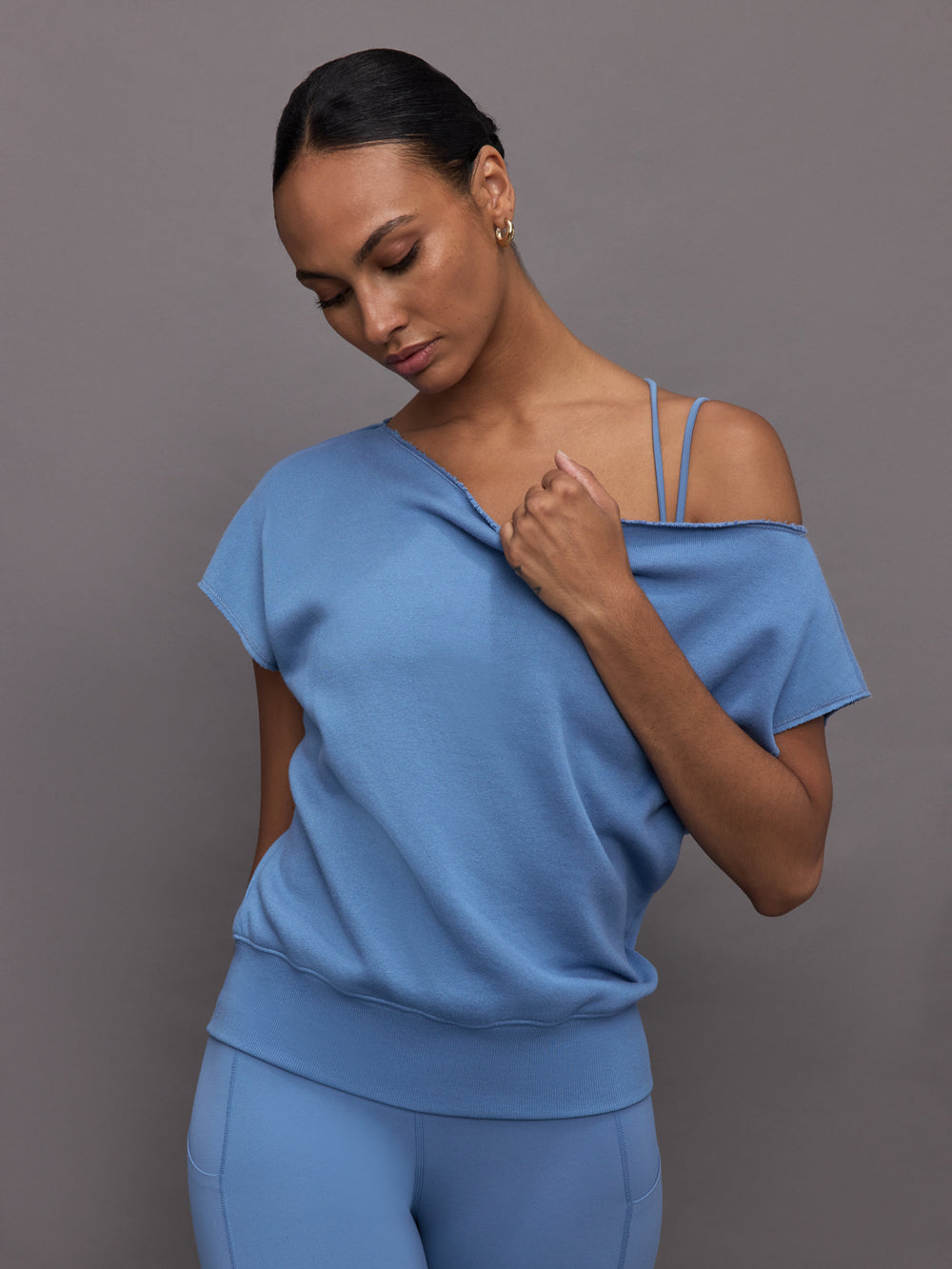 Short Sleeve Off Shoulder Sweatshirt in French Terry - Coronet Blue