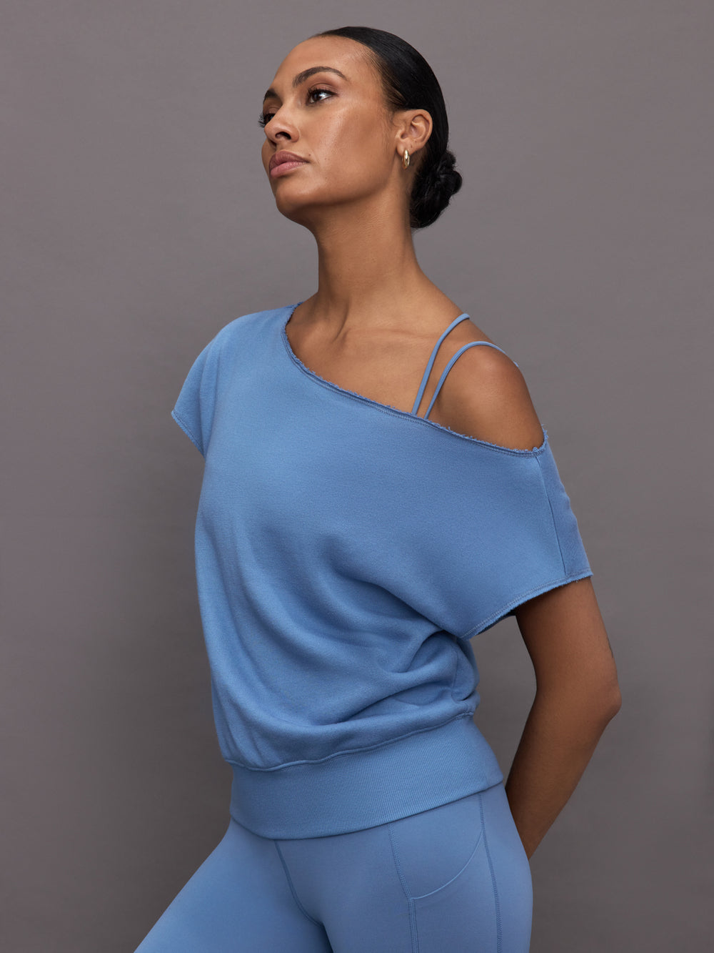 Short Sleeve Off Shoulder Sweatshirt in French Terry - Coronet Blue