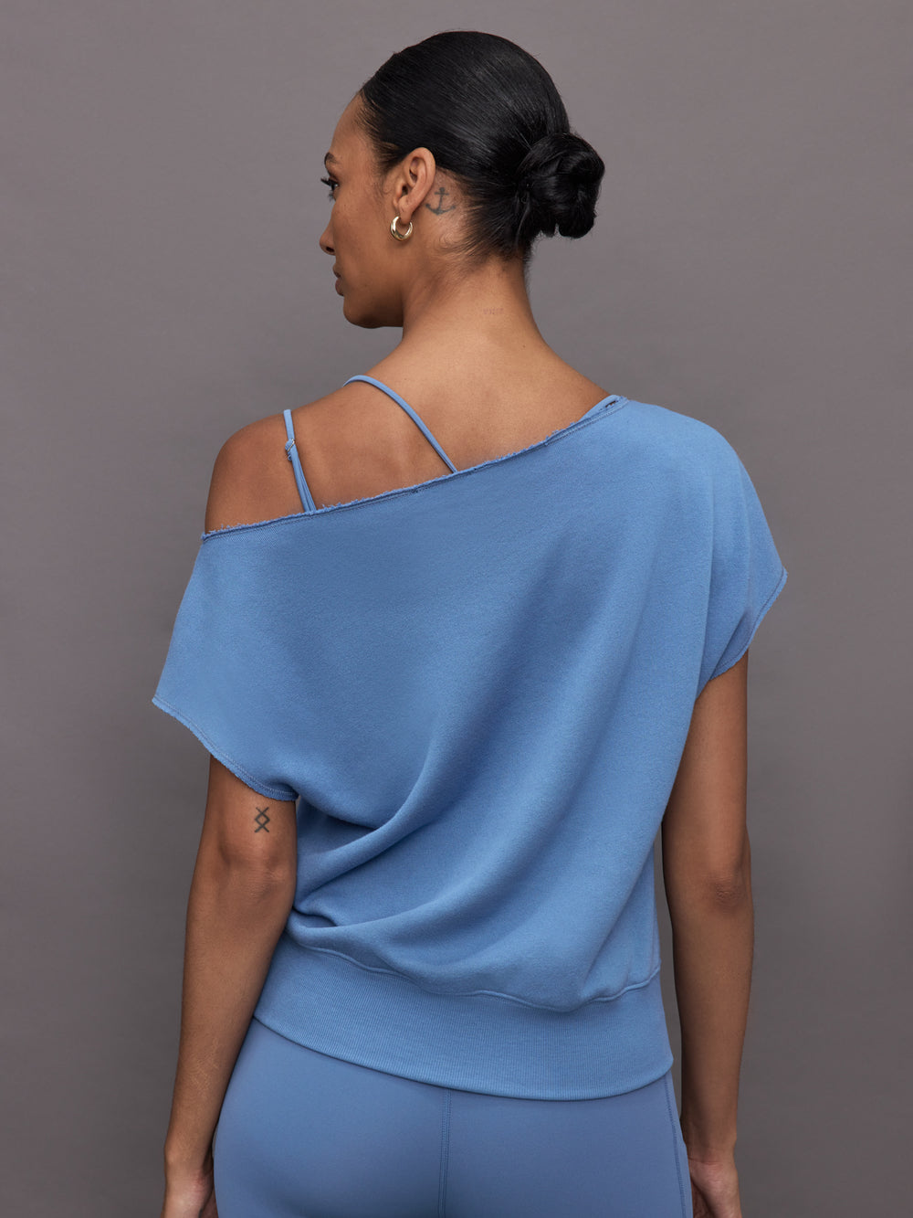 Short Sleeve Off Shoulder Sweatshirt in French Terry - Coronet Blue