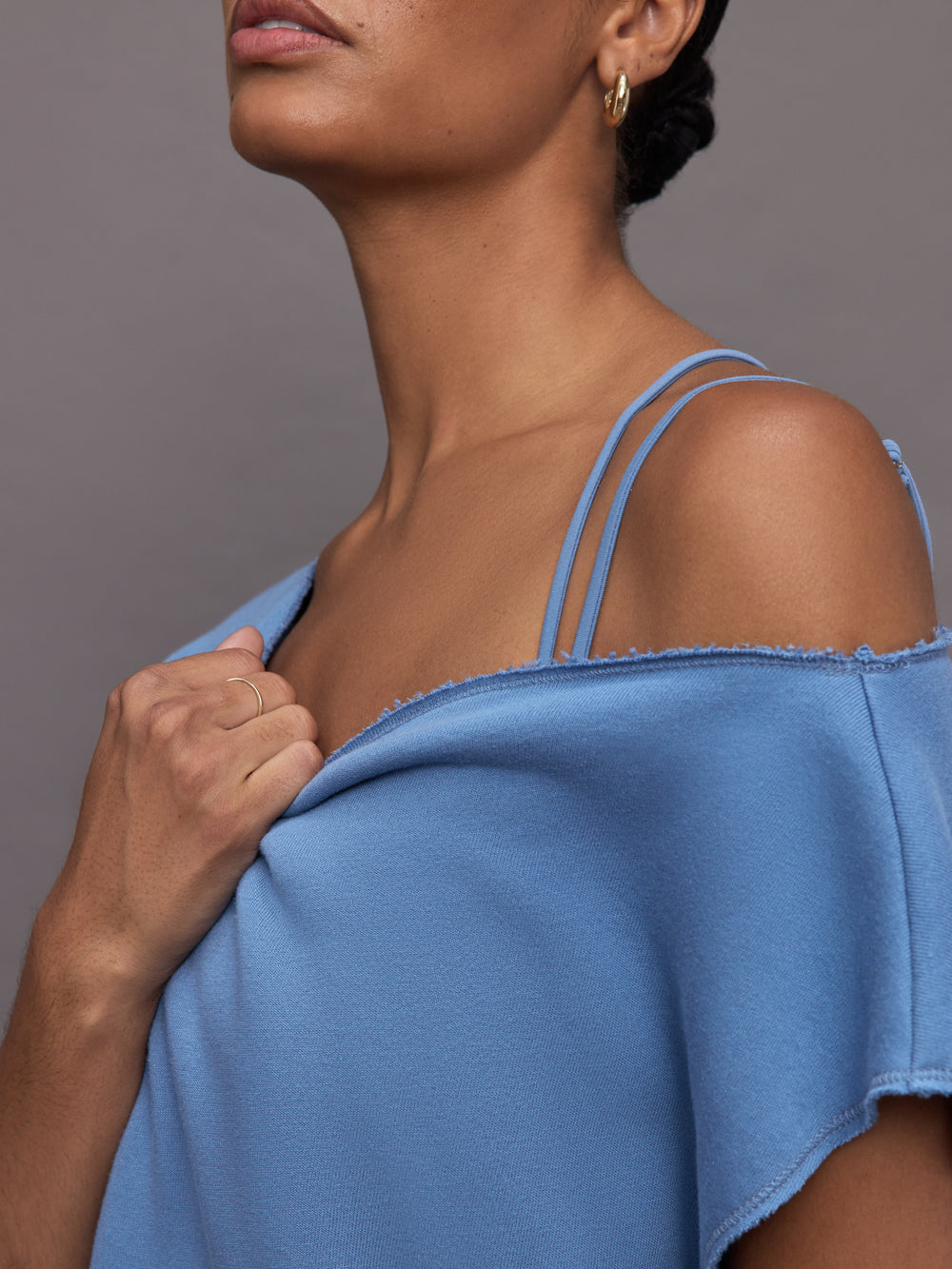 Short Sleeve Off Shoulder Sweatshirt in French Terry - Coronet Blue