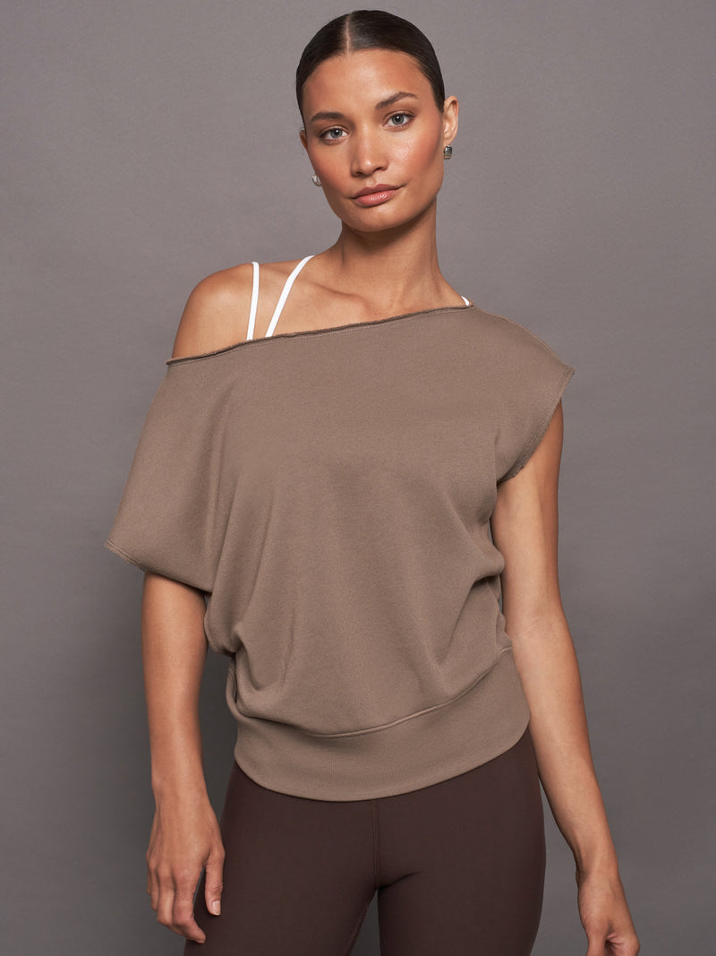 Short Sleeve Off Shoulder Sweatshirt in French Terry - Caribou
