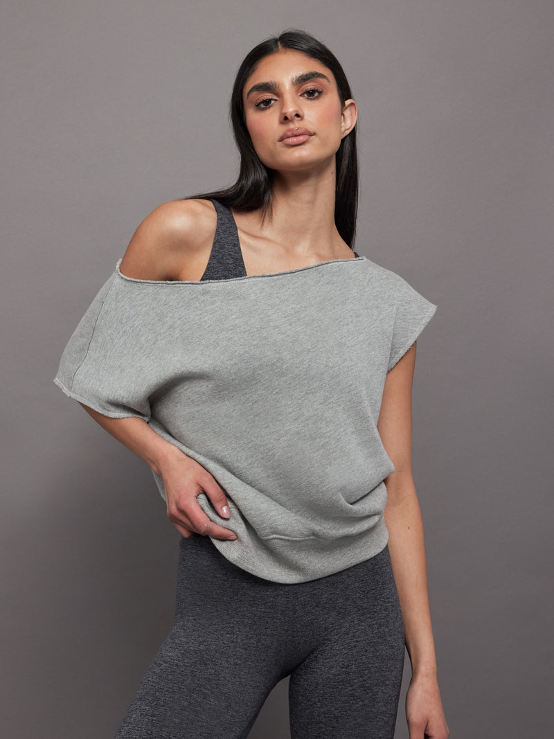 Short Sleeve Off Shoulder Sweatshirt in French Terry - Heather Grey