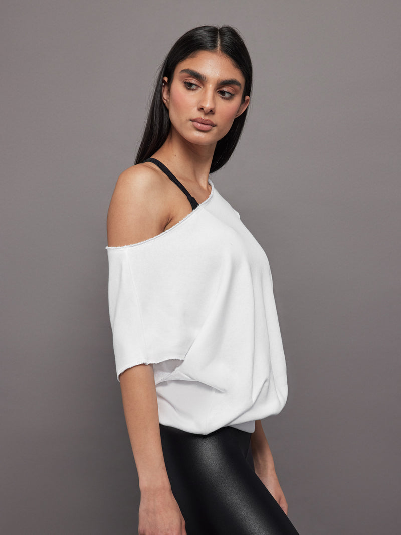 Short Sleeve Off Shoulder Sweatshirt in French Terry - White