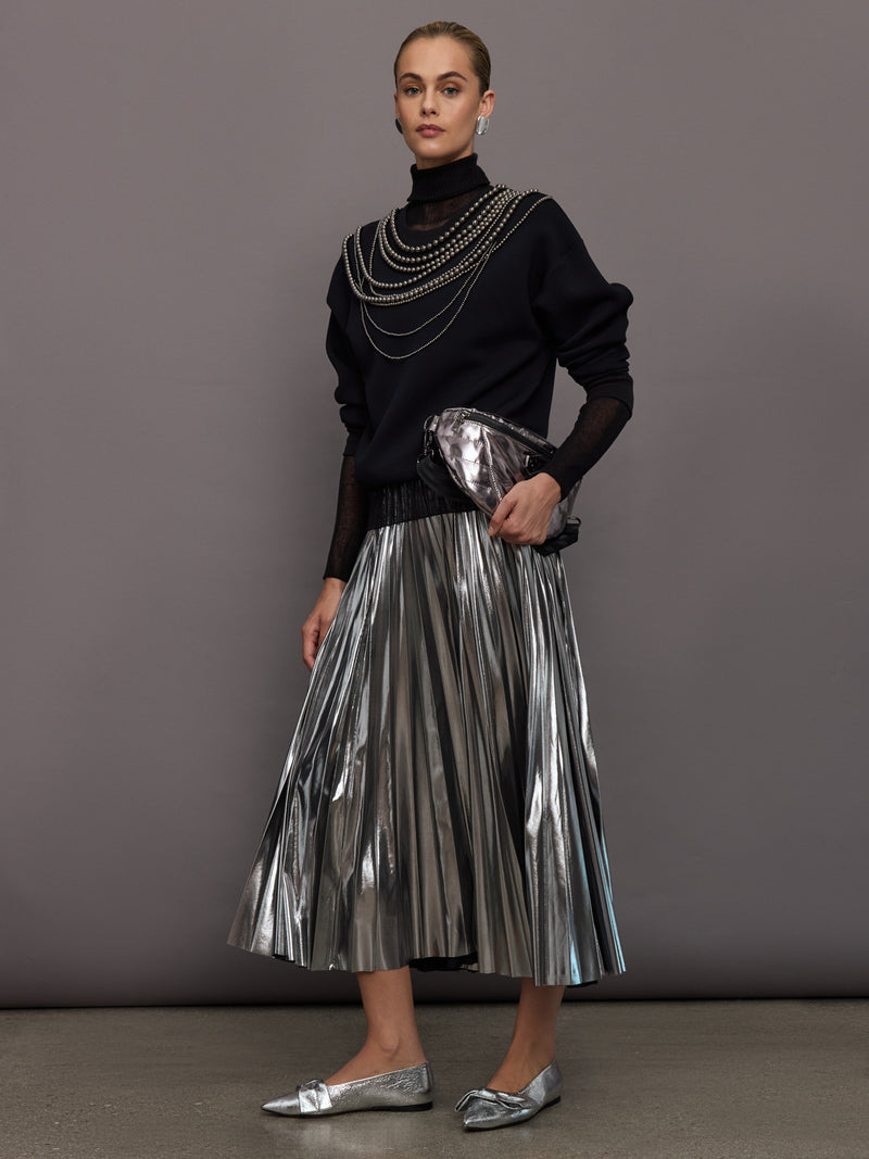 Metallic Pleated Skirt Silver Carbon38