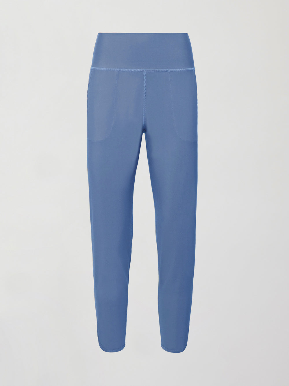A pair of lightweight blue joggers with a wide waistband and pockets. 