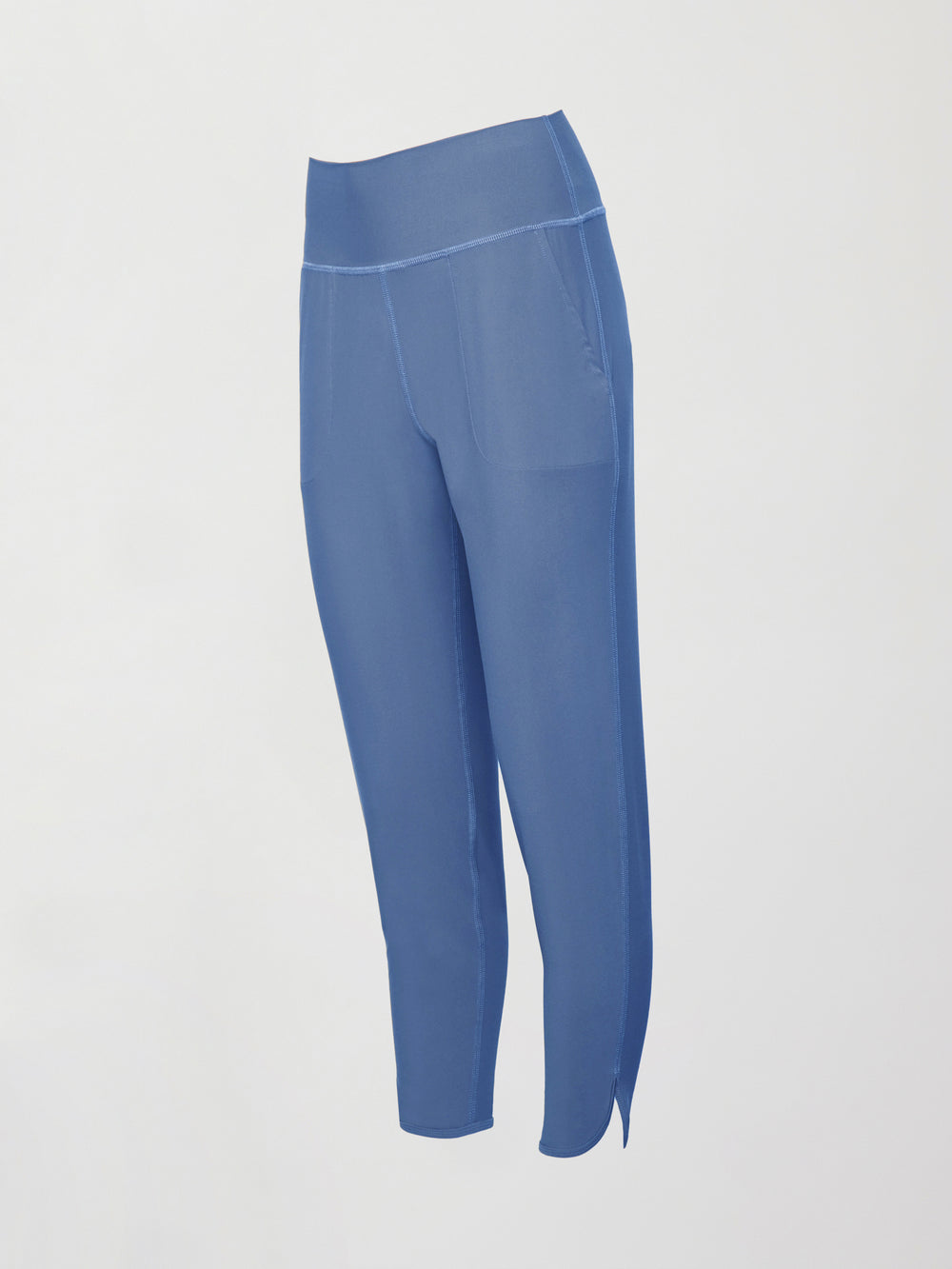 A pair of lightweight blue joggers with a wide waistband and pockets. 