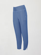 A pair of lightweight blue joggers with a wide waistband and pockets. 