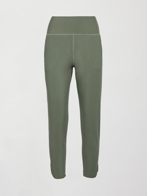A pair of army green colored joggers with a thick waistband perfect for everyday activities. 