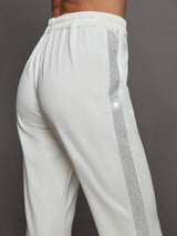 Rhinestone Fleece Flare Pant - White w/ Silver Rhinestones