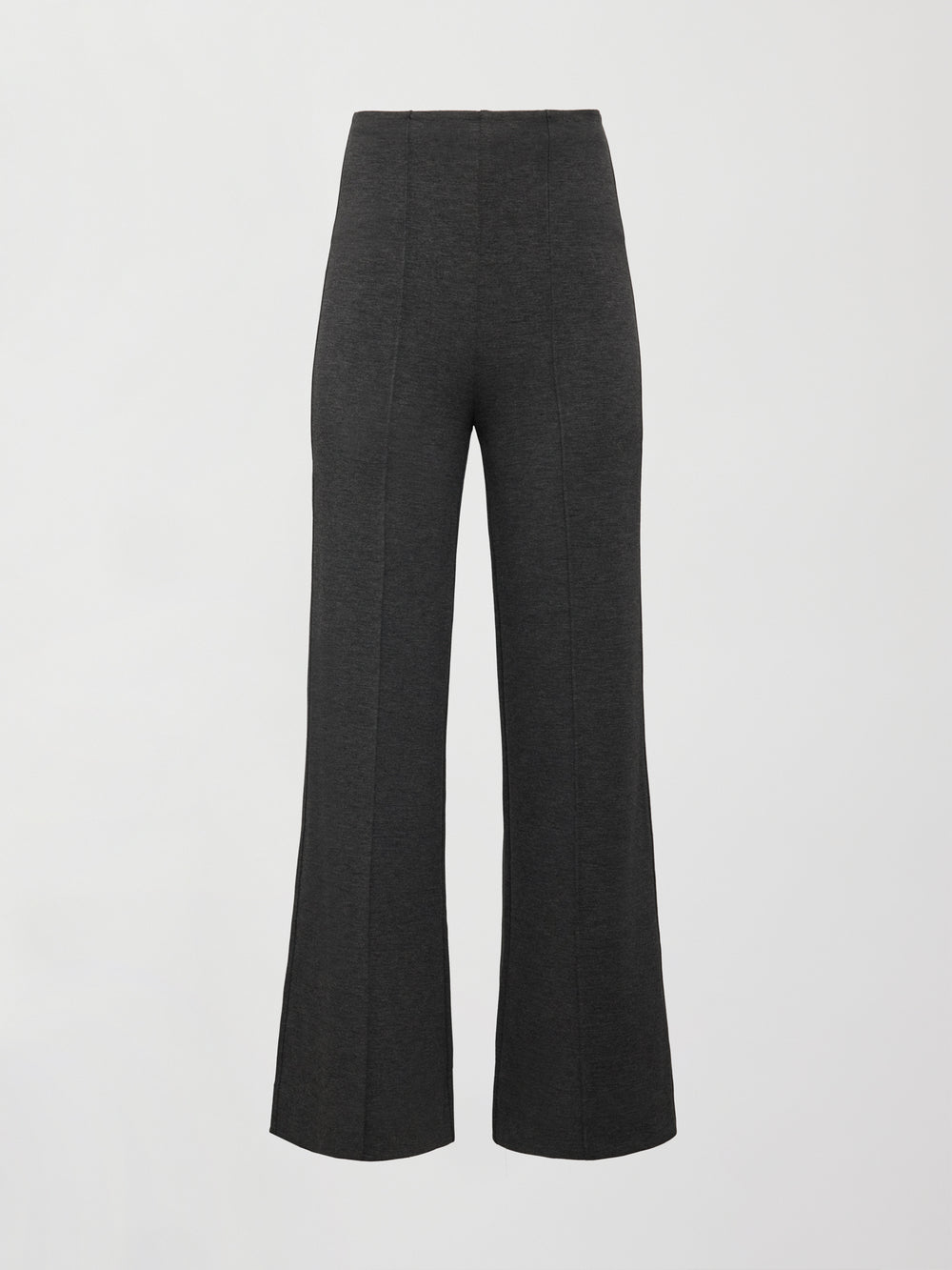 Flat lay of charcoal grey high-waisted scuba pants with wide-leg cut on white background.