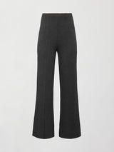 Flat lay of charcoal grey high-waisted scuba pants with wide-leg cut on white background.