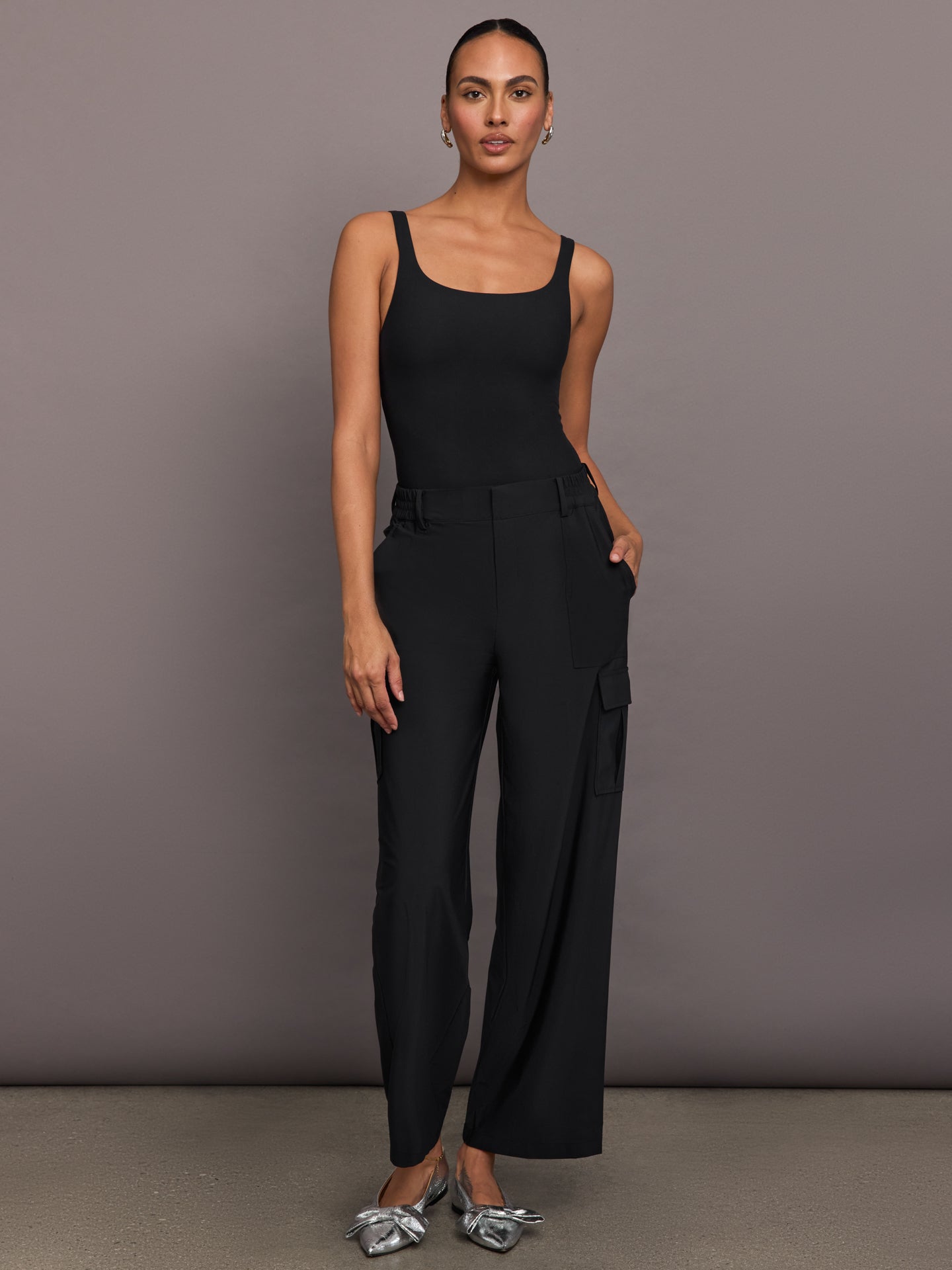Stretch Woven Wide Leg Cargo Pant - Black – Carbon38