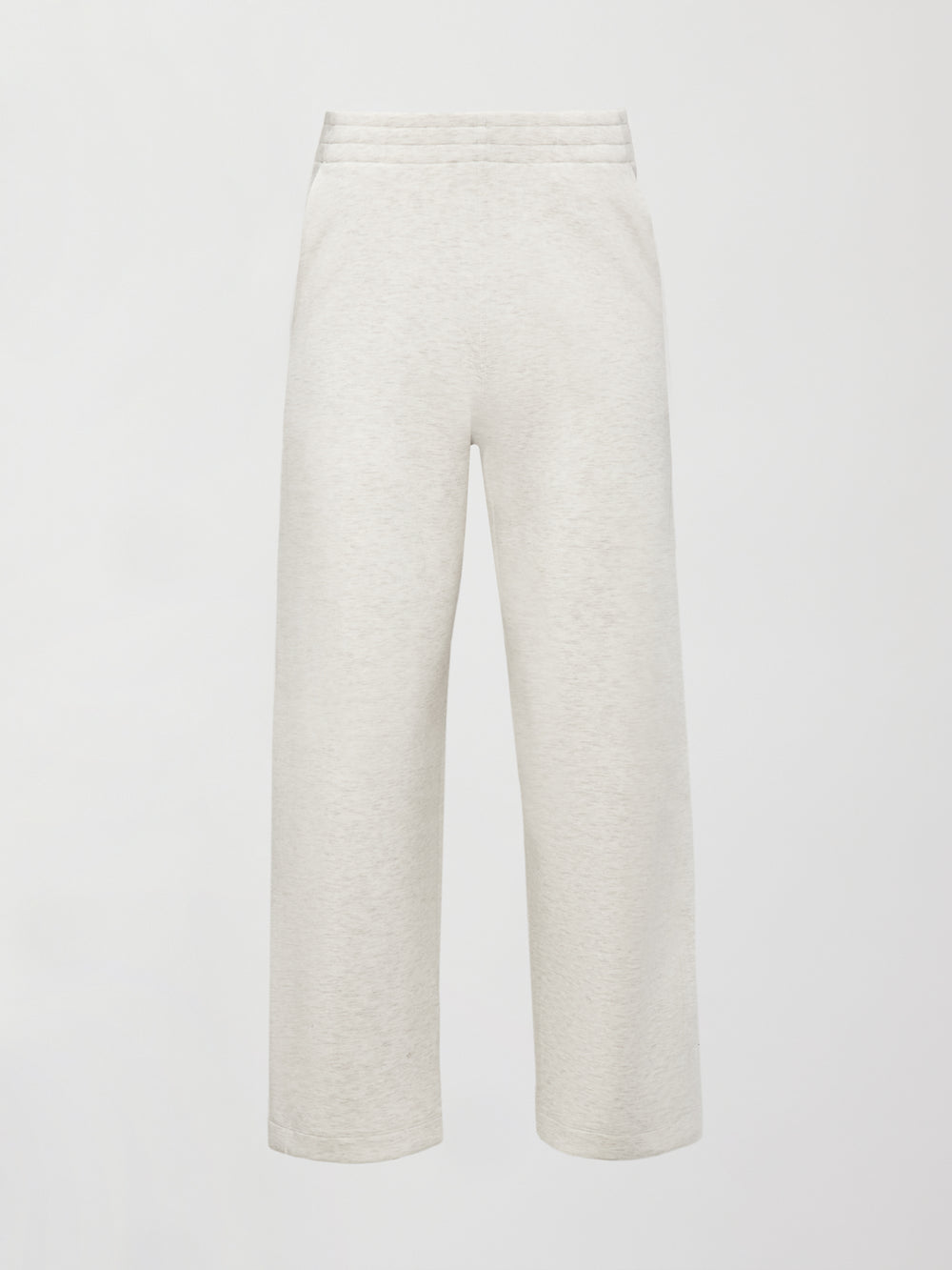 Flat lay of Interlock barrel leg pant in Moonbeam Heather, front view.
