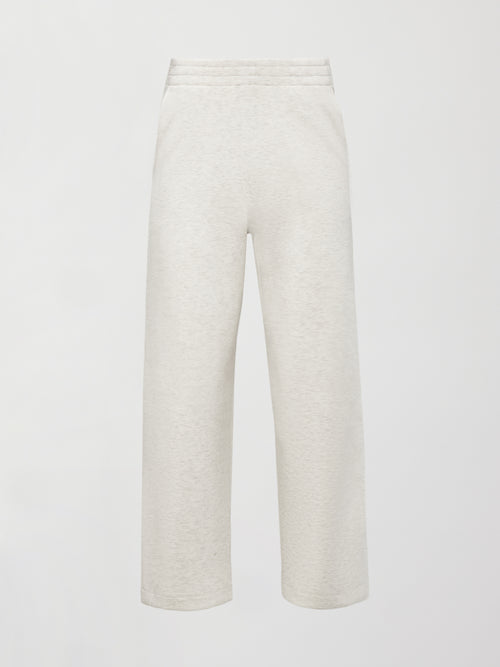 Flat lay of Interlock barrel leg pant in Moonbeam Heather, front view.