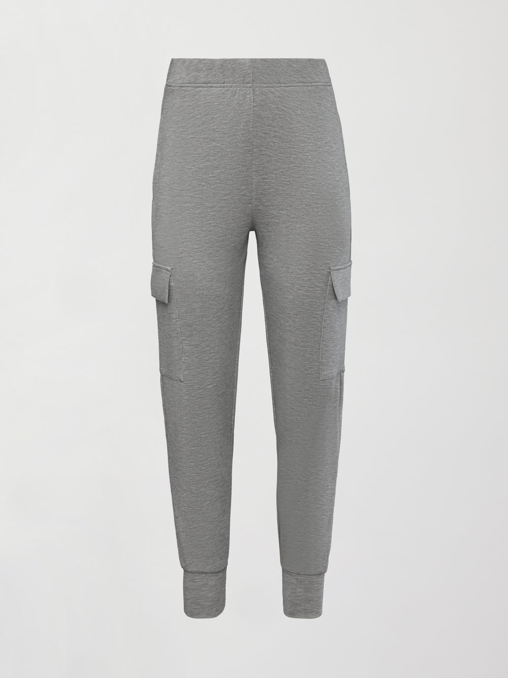 Ultrasoft Cargo Jogger in heather grey with flap pocket detail and tapered leg, product shot on white background, front view.
