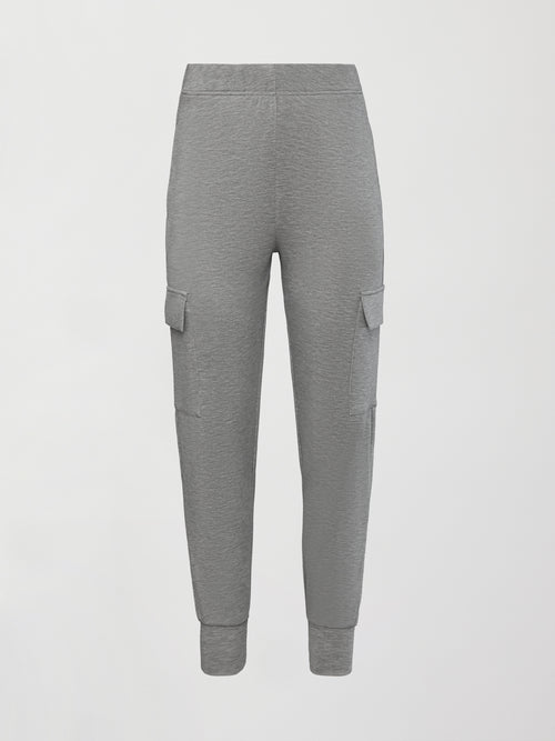 Ultrasoft Cargo Jogger in heather grey with flap pocket detail and tapered leg, product shot on white background, front view.