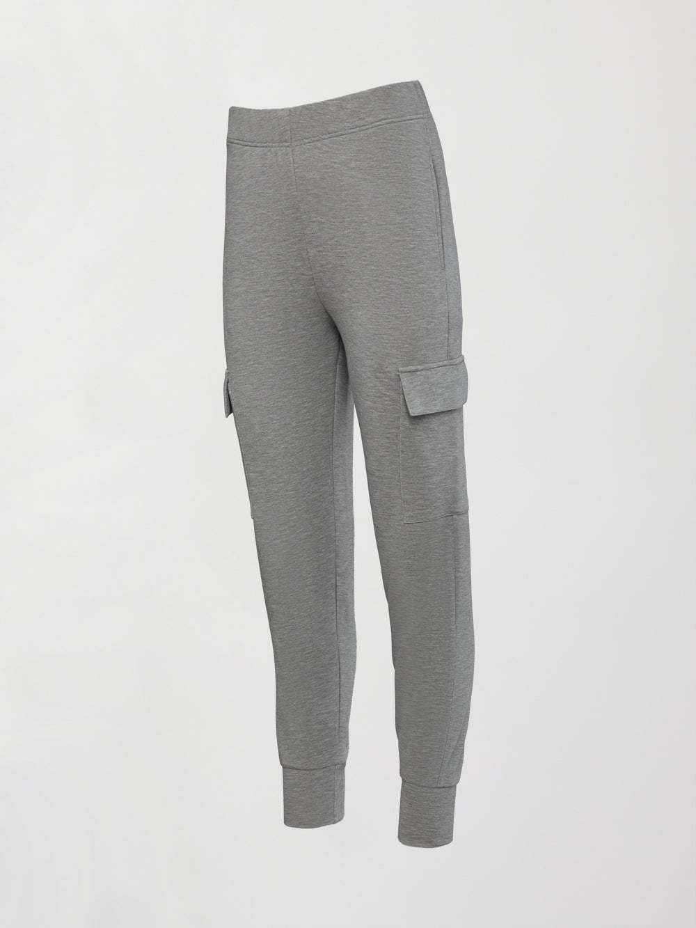 Ultrasoft Cargo Jogger in heather grey with flap pocket detail and tapered leg, product shot on white background, front side view.