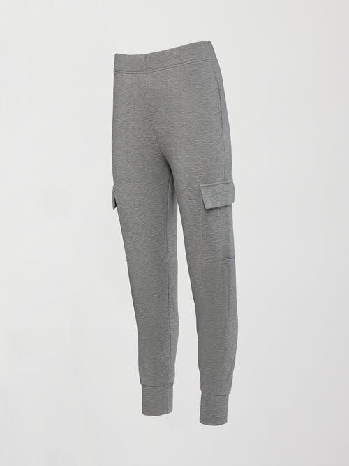Ultrasoft Cargo Jogger in heather grey with flap pocket detail and tapered leg, product shot on white background, front side view.