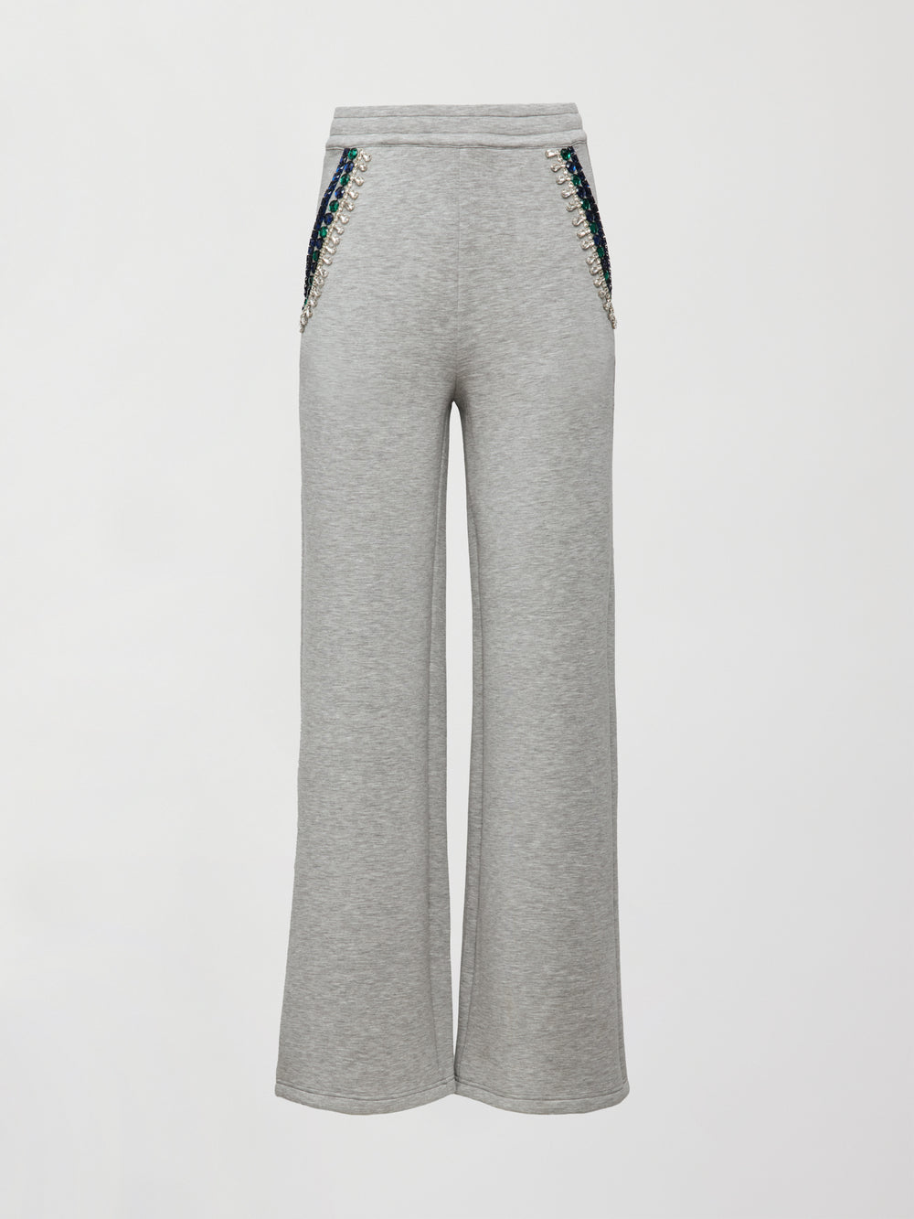 Front flat lay of grey wide-leg embellished pants with jeweled pockets on white background.