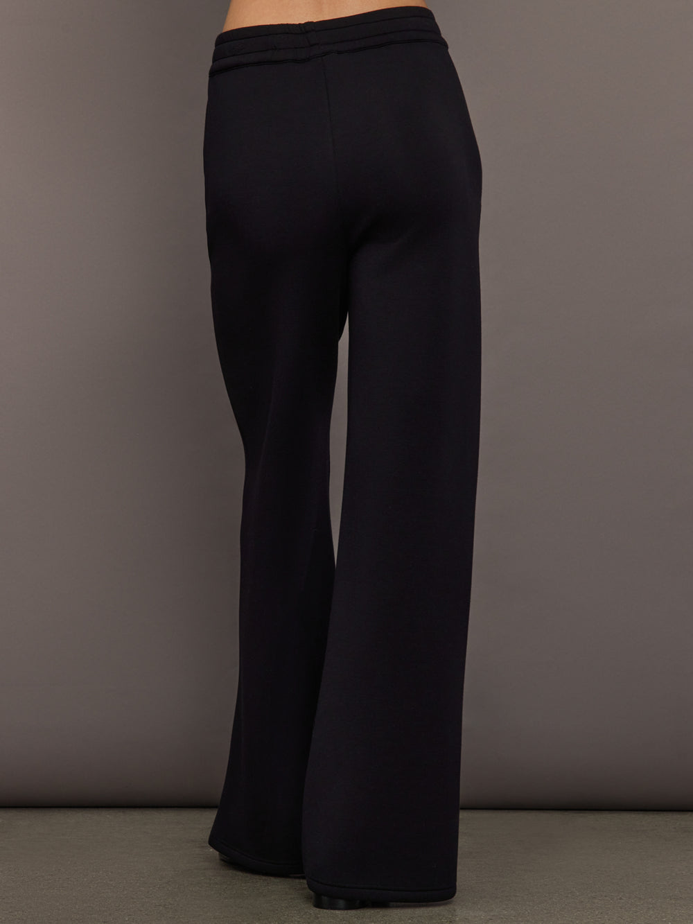 Back view of black wide-leg pants with relaxed fit and clean hem.