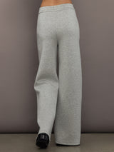 Back view of grey wide-leg pants with clean hem and relaxed fit.