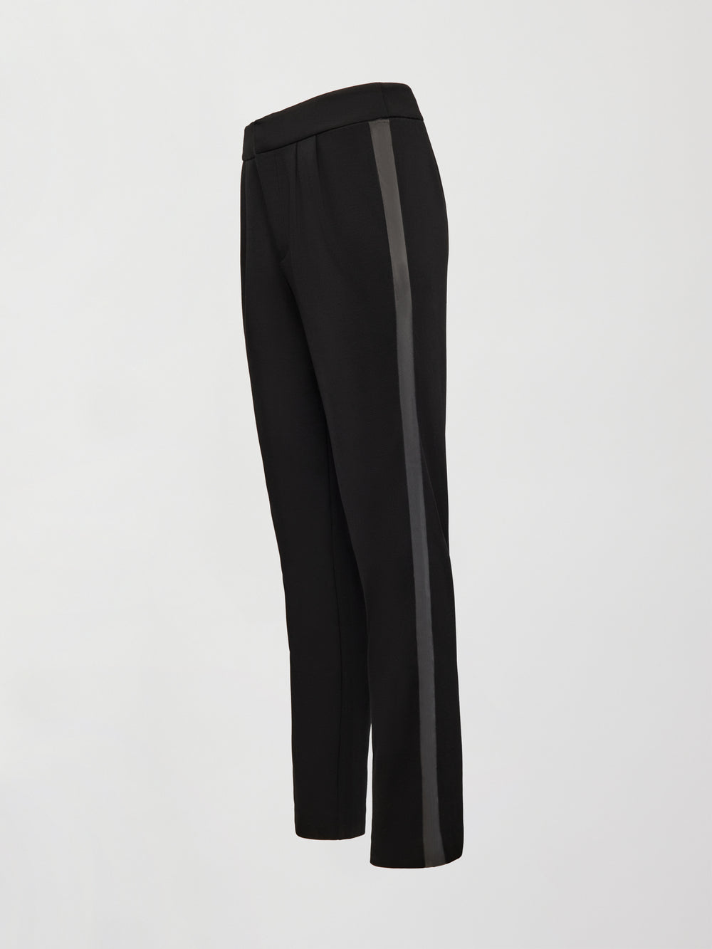 Scuba tuxedo pant in black, flat lay angled view.