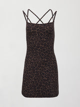 Brown leopard print athleisure dress hitting at mid thigh with double spaghetti straps. 