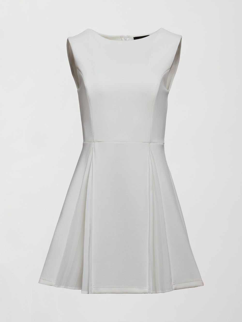 A white sleeveless tennis dress with pleating below the waist.