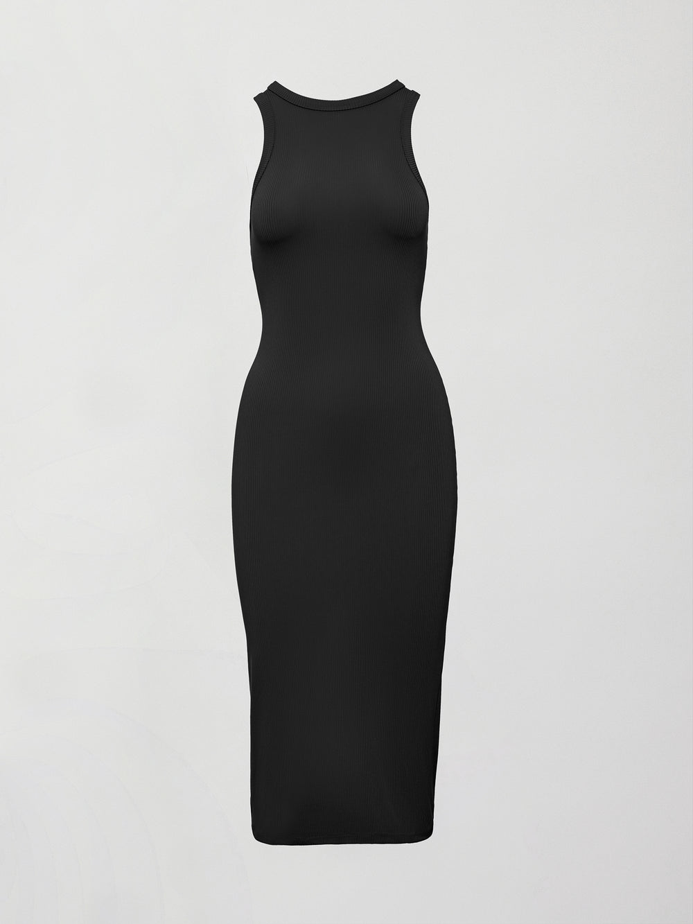 Black sleeveless dress on a light gray background
