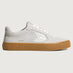 Suede white/light gray sneaker with light brown sole. 