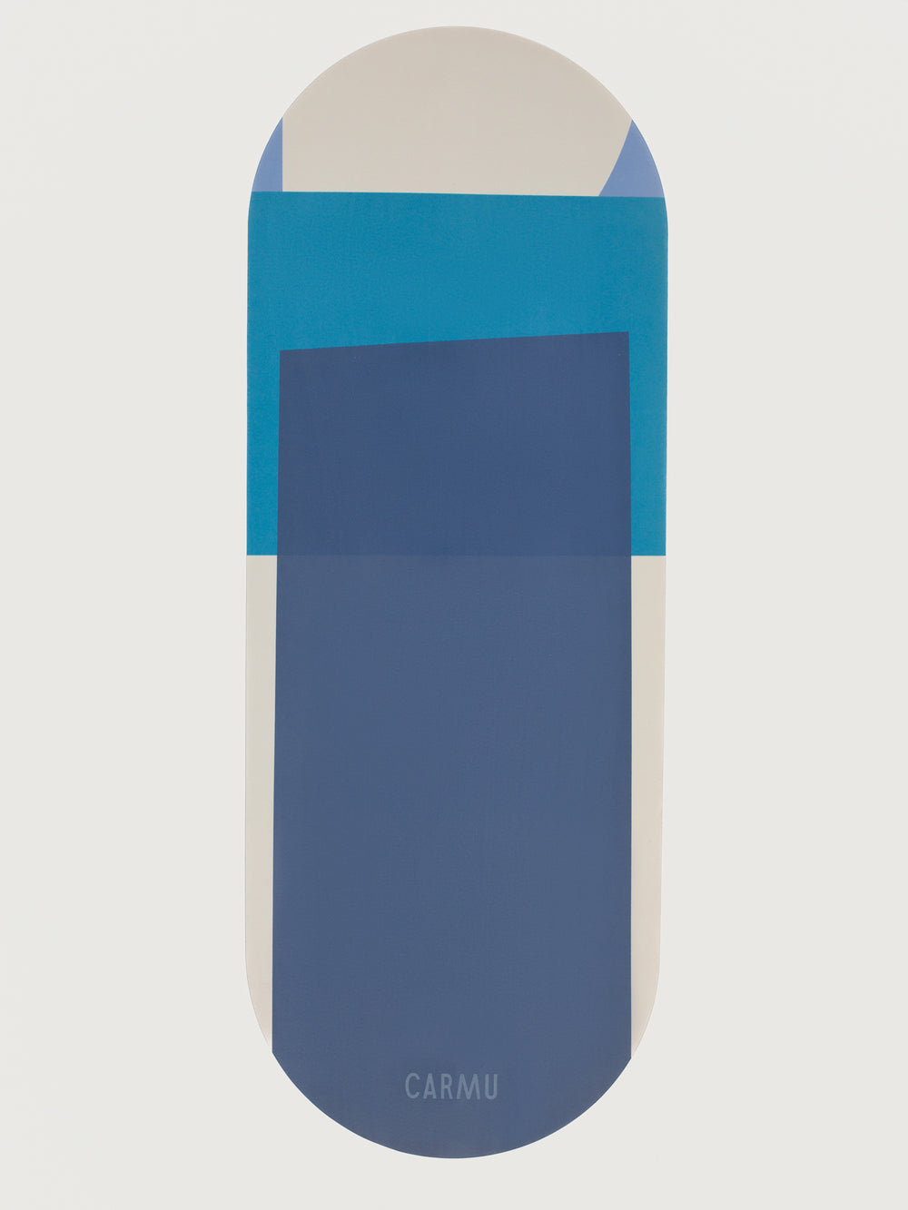 Navy Aeris yoga mat in Navy and Blue geometric design displayed flat with rounded edges and CARMU logo.