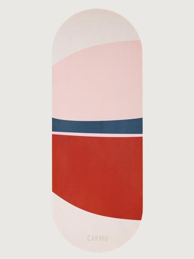 Balance yoga mat in Pink and Dark Red curved colorblock design displayed flat with CARMU logo.