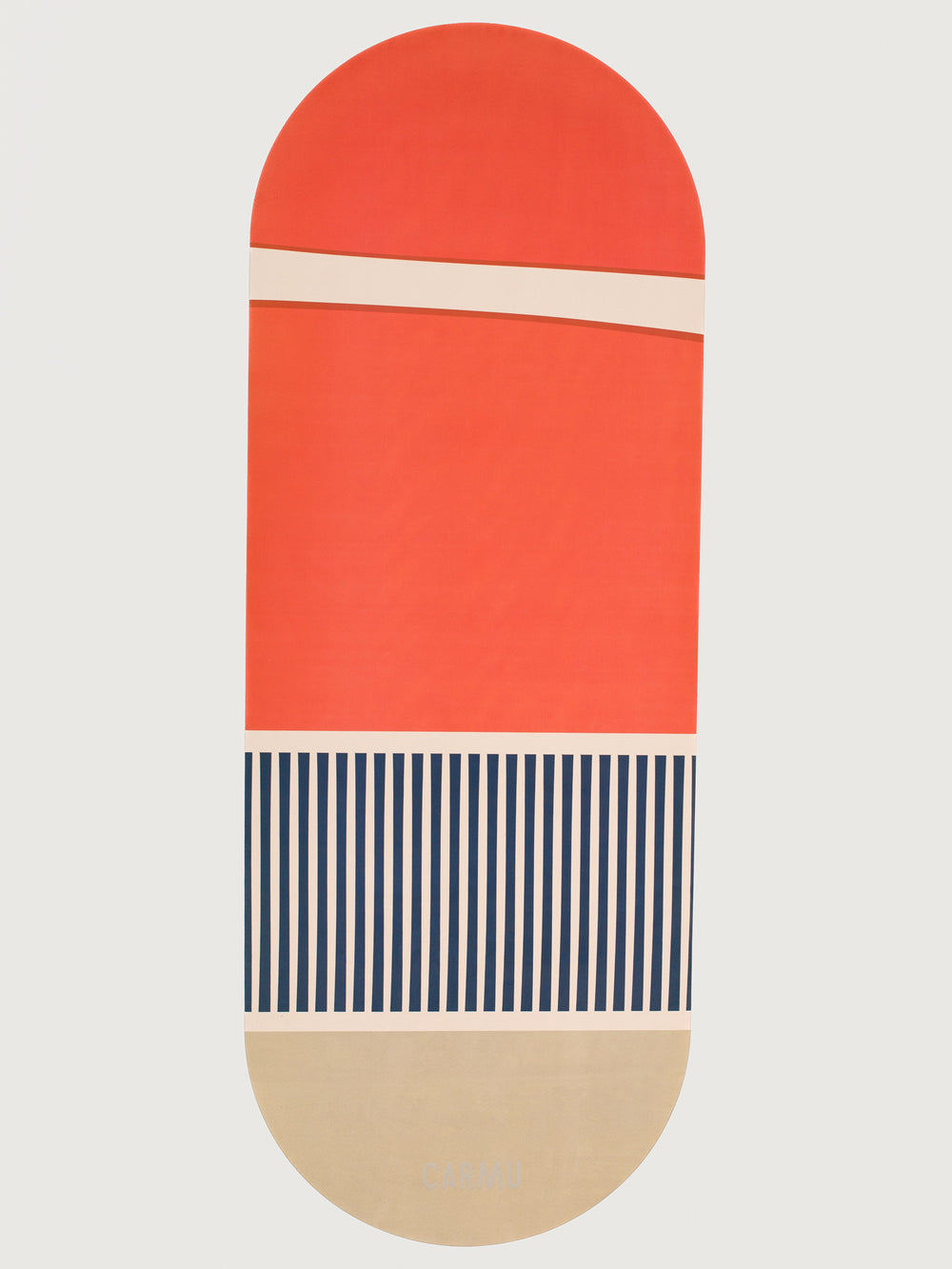 Groove yoga mat in Orange with Geo Print design displayed flat with rounded edges and CARMU logo.