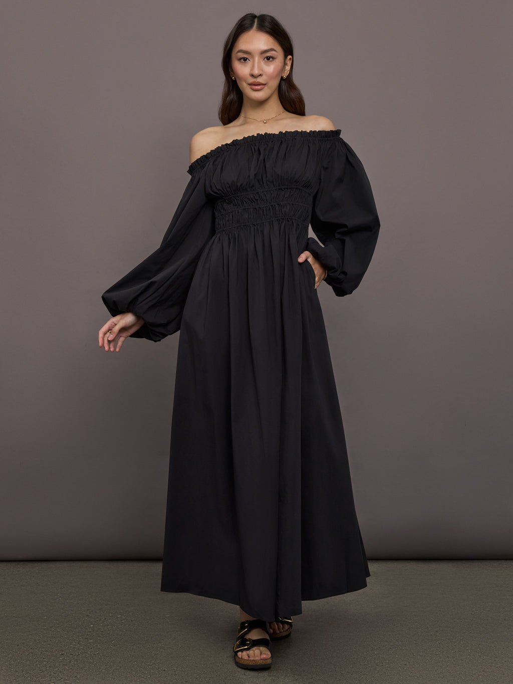 black maxi dress ruffles Lace Ruffle  self-portrait-US Side invisible zipper Knee height split on the left side of dress Adjustable straps Lined WHICH LENGTH TO GET Caroline Constas Raquela Off-Shoulder Maxi