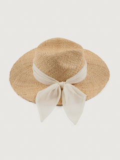 Wide-brim Emmanuelle in natural raffia hat with a light chiffon band.