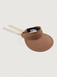 Fawn-colored visor with a wide brim and an ivory ribbon tied at the back.