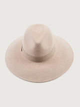 Beige wide-brimmed hat with a band.